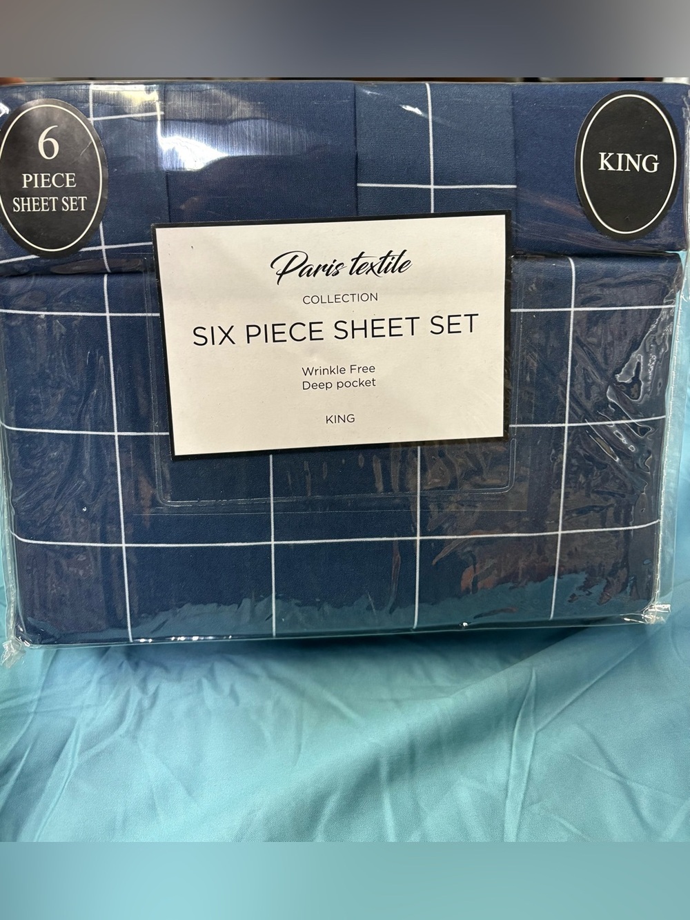 Paris Textile Six-Piece King Sheet Set - Navy checkered